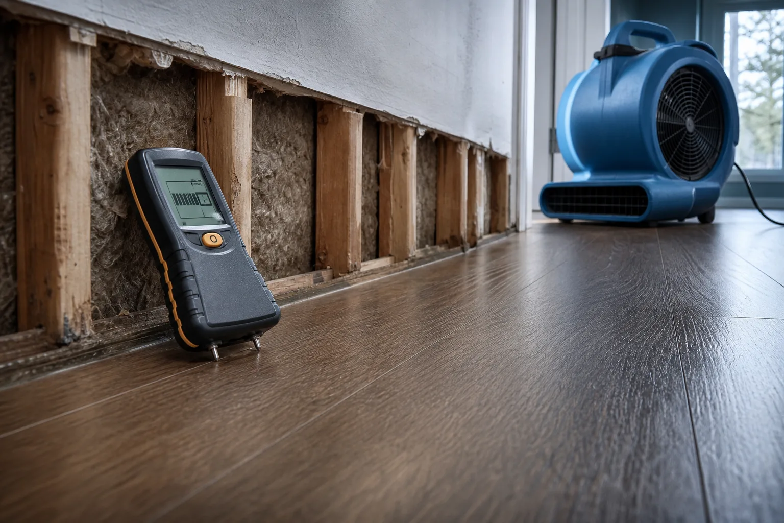 A moisture meter with probe pins pressed into a hardwood floor plank beside a running air mover, with a baseboard removed and a section of wall cavity exposed