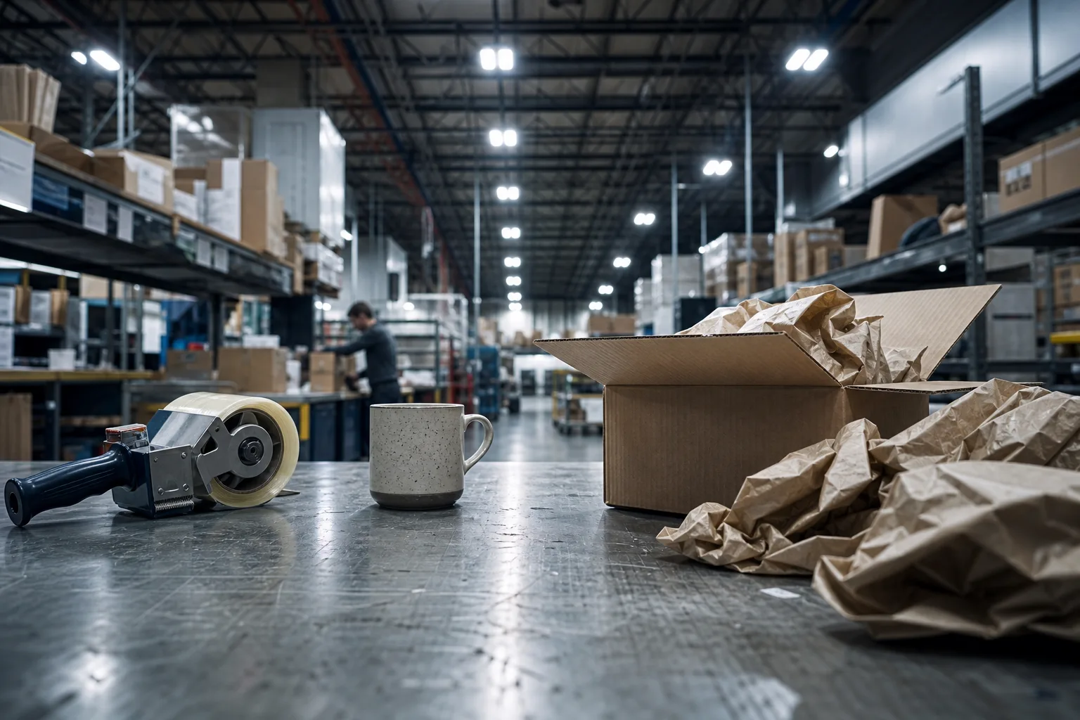 A warehouse pack station mid-shift with a partly filled corrugated shipping box, loose void fill, a tape dispenser and a ceramic mug waiting to be packed