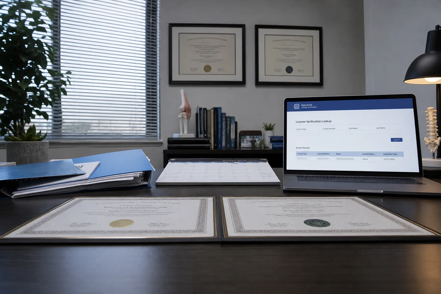 A clinician's desk with two state professional license certificates side by side, a renewal calendar, a folder of credentialing documents and an open laptop...