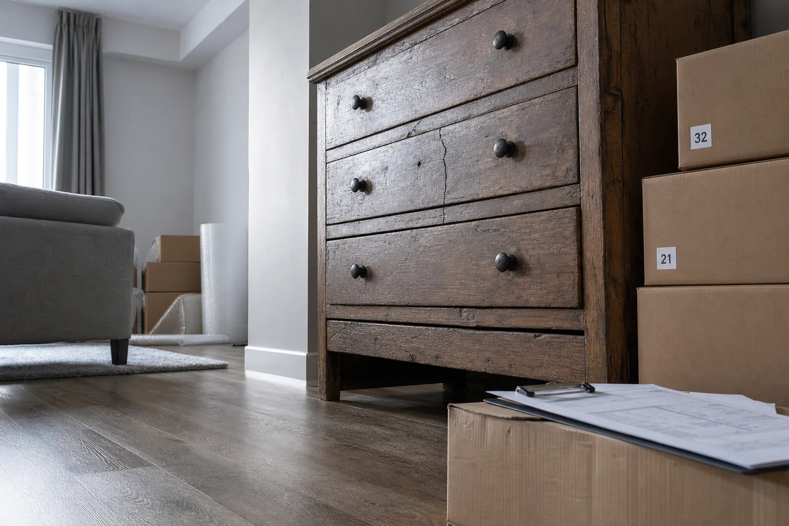 A cracked wooden dresser standing in a half-unpacked living room beside stacked moving boxes with numbered inventory stickers, a clipboard and delivery paper...