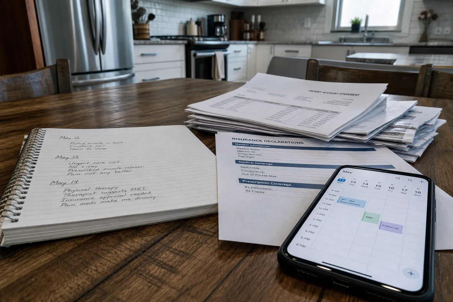 A kitchen table with a spiral notebook open to dated handwritten entries, beside a stack of medical bills, an insurance declarations page, and a phone displa...